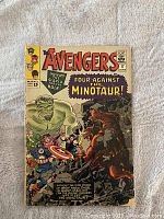 Front cover of The Avengers comic book issue #17 featuring the Hulk, Captain America, Thor, Iron Man, and the Minotaur monster.