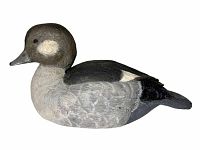 Profile view of decoy showing carved feather detail and paint colors