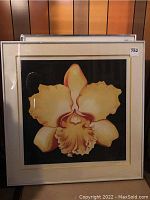 Full view of framed print depicting yellow orchid with silver metal frame and lot label ‘782’.