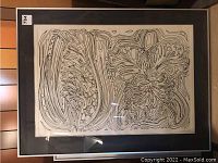 Overall view of framed black-line abstract print by Lowell Nesbitt
