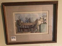 Front view of the watercolour painting framed and matted showing a city rooftop with chimneys and hanging clothes.