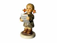 Front view of the Hummel First Solo #2182 figurine showing detail of the girl holding a music sheet standing on a base.