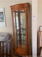 Full view of wooden lighted curio cabinet with glass shelves and door, showing overall structure and condition.