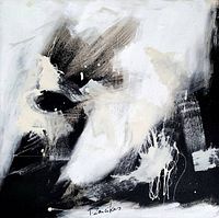 Close-up front view showing abstract white and black brushstrokes and artist signature at bottom edge