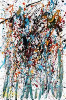 Full front view of abstract splatter painting on white canvas.
