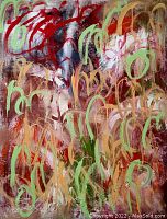 Close-up view of front showing layered abstract loops and strokes in red, green, tan and white with signature at lower left.