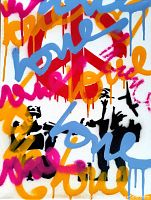 Close-up front view showing multicolor 'love' text, red peace symbol and black stencil figures