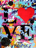 Full front view of canvas showing multicolor graffiti layers with black LOVE letters and red heart