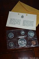 Front view of 1965 Canadian coin set in sealed plastic; includes all six denominations and informational insert.
