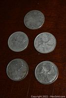 Photo of the reverse side of all five quarters showing the caribou design.