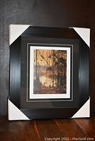 Photo showing the professionally framed and matted fine art print with protective corner covers, black wide frame and double matting.