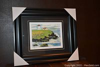 Front view of entire black framed and matted print with protective corner covers