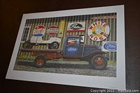 Photo of the full fine art print showing vintage Ford pickup truck in front of a rustic building with signs