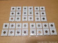 Overhead view of approximately 45 old wheat pennies individually encased in white cardboard coin holders with clear windows, arranged in rows on a wood surface.
