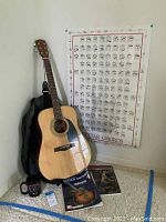Fender acoustic guitar leaning against the wall with fabric strap and soft case behind it, guitar chord poster taped to wall, two guitar books and mug on carpet