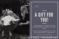 Left side: black-and-white photo of a family outdoors. Right side: gift certificate graphic with text "A GIFT FOR YOU! A photography mini lifestyle session with @amandadawnphotos & a gallery of 25 digital images!"