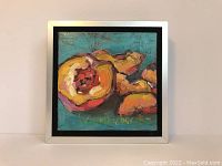 Front view of the framed oil painting "Peaches" showing the artwork and frame