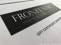 Frontenac Club black and white logo with gift certificate number.