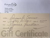 Photo of the $50 gift certificate on Fiancée Jewellers letterhead showing store address and authorized signature space.