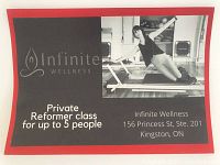 Flyer advertising a private reformer Pilates class for up to five people at Infinite Wellness in Kingston, ON.