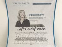 Gift certificate for a coaching consultation with Bonnie Henault from transformative. Includes photo of Bonnie Henault and text describing the services offered and contact information.