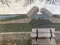 Close-up detailing the fabric art style textures and the waterfront sculpture representation with bench and foliage.