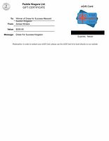 Photo of a Paddle Niagara Ltd. eGift Card certificate showing a $200 value, addressed to the winner from Aimee Winters with no expiration date and instructions for redemption online.