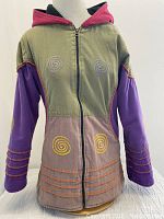 Front view of multicolored spring jacket with zipper, pointed hood, and embroidered swirl designs on chest and pockets.