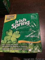 Front view of the 20 bars pack of Irish Spring Original deodorant soap with product details and branding.