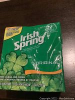 Front of the 20-bar sealed pack of Irish Spring Original Deodorant Soap, showing packaging and size information.