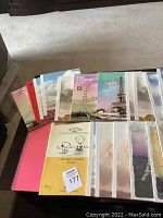 Top view of multiple stacked unused blank notebooks with covers featuring cities and Snoopy