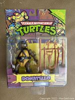 Front view of sealed Donatello action figure from 2013 Classic Series Teenage Mutant Ninja Turtles with packaging showing character and accessories.