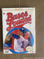 Front cover of the Bases Loaded NES game box showing baseball player artwork and game branding by Jaleco.