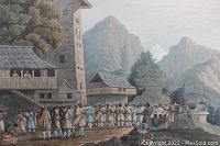 Close-up showing detailed group of hillmen outside stone buildings with distant mountains