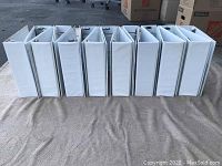 Photo shows a row of 16 white 3-inch heavy duty binders standing upright on a beige carpeted floor.