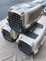 Lot of three stacked plastic animal carriers showing front and side ventilation holes, top handles, and metal wire doors with latch.