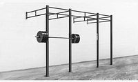 Complete assembled Rogue Fitness Monster Wallmount rig showing four upright columns, crossbars, and pull-up sections fixed to the wall and the floor.