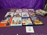 Photo showing spread of 17 DVD cases representing a collection of classic movies and TV series including The Wizard of Oz, Forest Gump, I Love Lucy, Breakfast at Tiffany's and Jewel on the Nile.