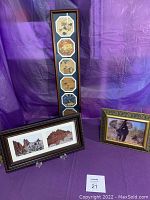 Full view of all three framed pieces, includes six octagon-shaped images of flowers and birds, a horizontal rocky landscape, and an elephant photograph.