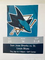 Photo showing the four San Jose Sharks vs. St. Louis Blues NHL game tickets dated April 21, 2022 with section, row, and seat details