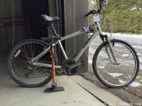 Full profile of silver Trek mountain bike with Schwinn pump standing next to it
