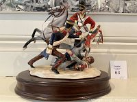 Front view of porcelain figurine depicting British cavalryman on rearing horse attacking fallen French soldier on wooden base