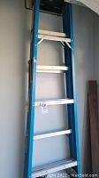 Full view of blue fiberglass Werner extension ladder with white metal steps, showing structure and braces.