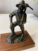 Close-up front and side view of antique bronze miner figurine showing details and gold nugget on base.