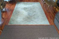 Both carpets laid on wood floor. Larger carpet features subtle ornamental floral pattern in beige and grey tones. Smaller runner carpet has dark brown checked pattern.