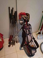 Full view of golf clubs arranged next to the Titleist bag, showing variety of clubs and grips