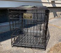 Full view of black metal dog crate with removable tray and travel handles.