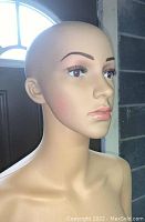 Close-up of mannequin's head showing facial details, realistic eyes with eyelashes, and lips.