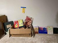 Box of assorted older books showing visible titles including The Bionic Woman, Snoopy and the Red Baron, Peggy Jo's Paris, and more.