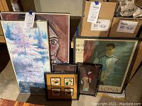 Six framed wall art pieces grouped including Picasso poster, pastel tree painting, pair of Asian figure artworks and bird embroidery